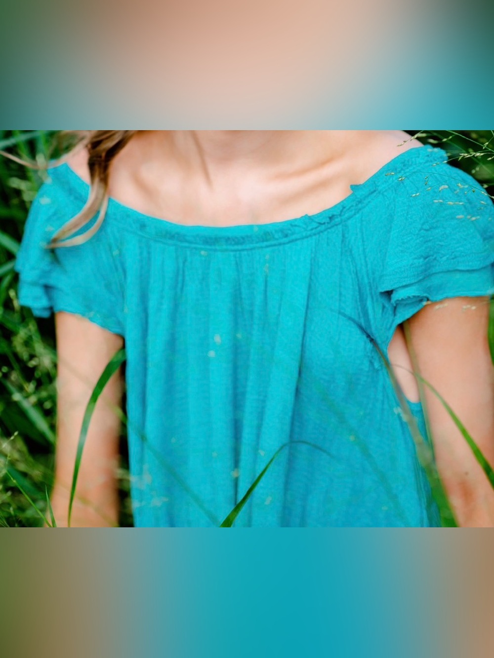 Free People Teal Off-Shoulder Peasant Distressed Top